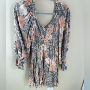 FATE boho smocked balloon sleeve muted color floral dress family photo! Size S